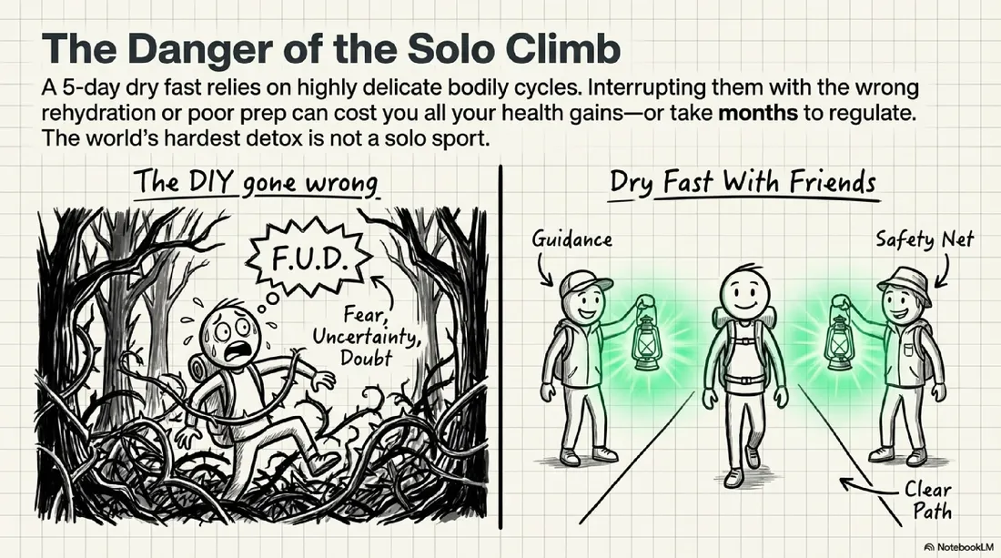 Illustration: the danger of the solo climb. A lone hiker tangled in fear, uncertainty and doubt, beside a guided group walking a clear path.